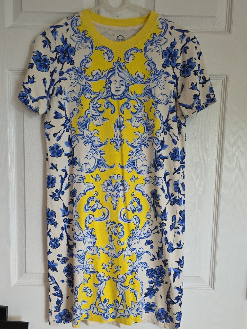 Tory Burch Yellow and Blue Floral Short Sleeve Mini Dress